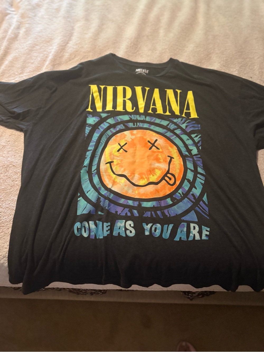NIRVANA Black Tee with Yellow Logo and Orange Smiley